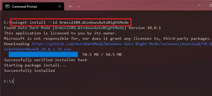 دستور :winget install --id Armin2208.WindowsAutoNightMode را وارد نمایید.
